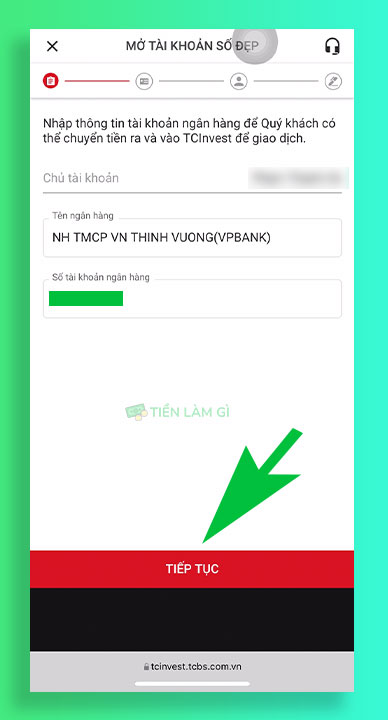 nhập thông tin tài khoản ngân hàng đăng ký mở tài khoản chứng khoán techcombank tcbs trên điện thoại