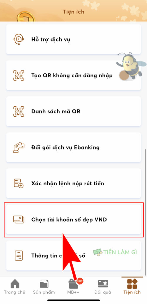 chọn tính năng tài khoản số đẹp vnd trên app mb bank