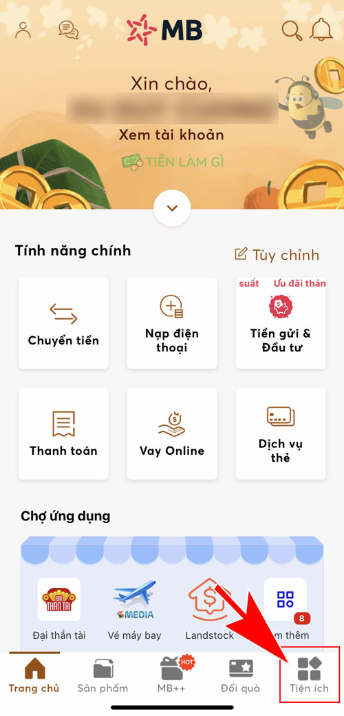 nhấn chọn phần tính năng tiện ích trên app mb bank