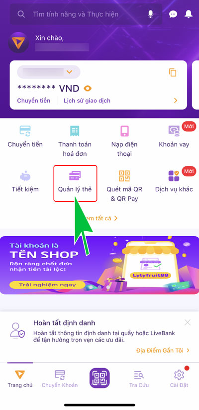 chọn chức năng quản lý thẻ trên app tpbank mobile