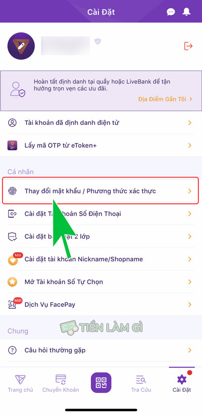 chọn chức năng thay đổi mật khẩu trên app tpbank mobile