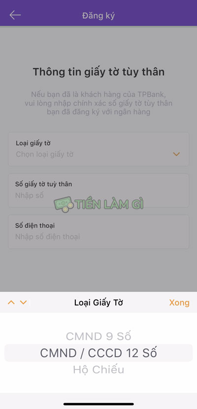 chọn loại giấy tờ tùy thân mở tài khoản save tpbank