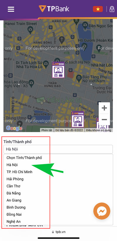 chọn tỉnh thành có tpbank livebank