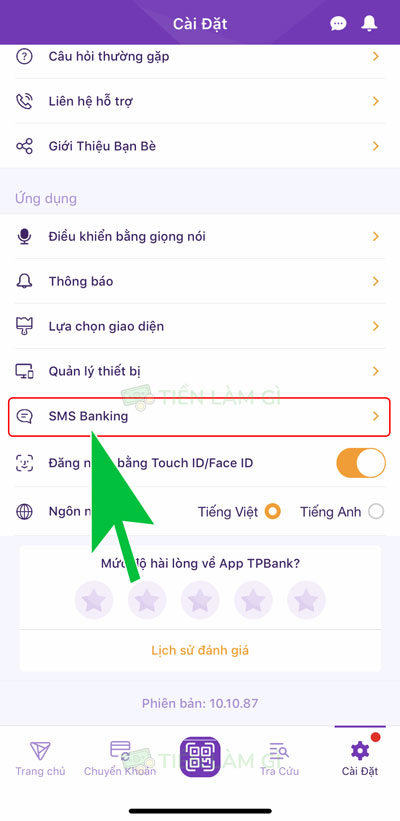 nhấn chọn chức năng sms banking trên tpbank mobile