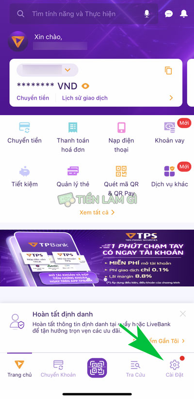 nhấn vào menu cài đặt trên app tpbank mobile