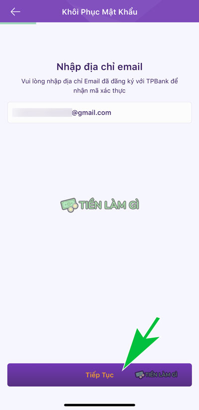 nhập địa chỉ email để lấy lại mật khẩu tpbank