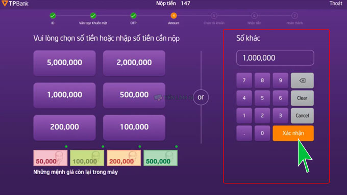 nhập số tiền cần nộp vào tpbank livebank