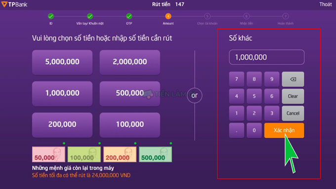 nhập số tiền cần rút từ tpbank livebank