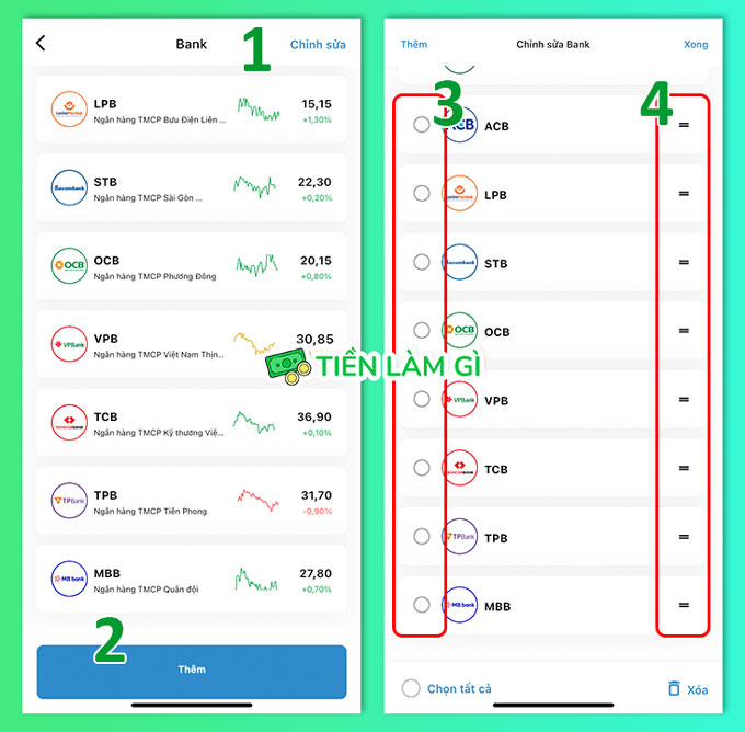 chỉnh sửa danh sách theo dõi cổ phiếu trên ứng dụng anfin