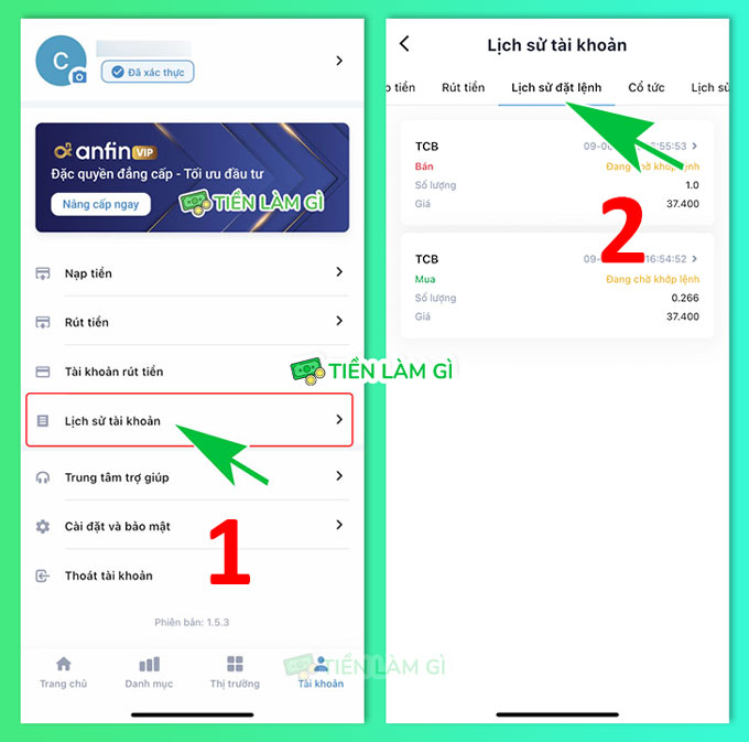 lịch sử đặt lệnh giao dịch mua bán cổ phiếu trên app anfin