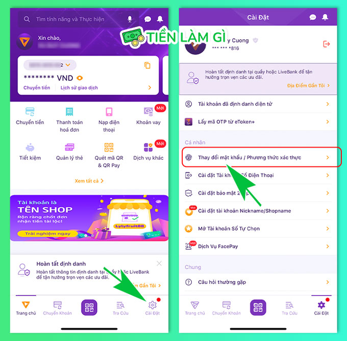 nhấn cài đặt thay đổi mật khẩu phương thức xác thực trên ứng dụng tpbank mobile