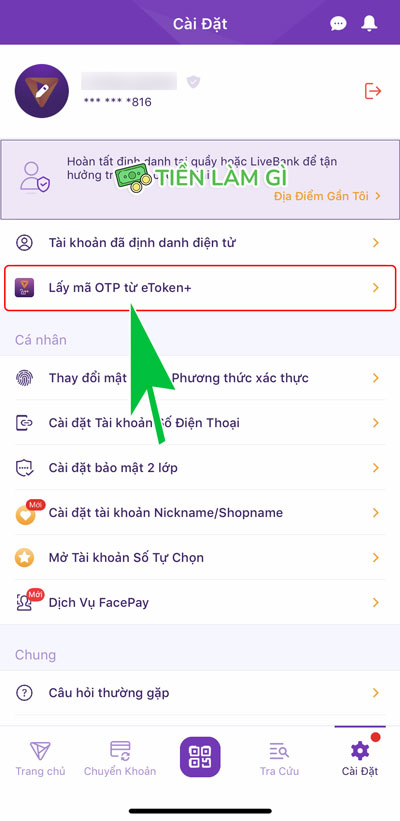 nhấn chọn tính năng lấy mã otp từ etoken trên ứng dụng tpbank mobile