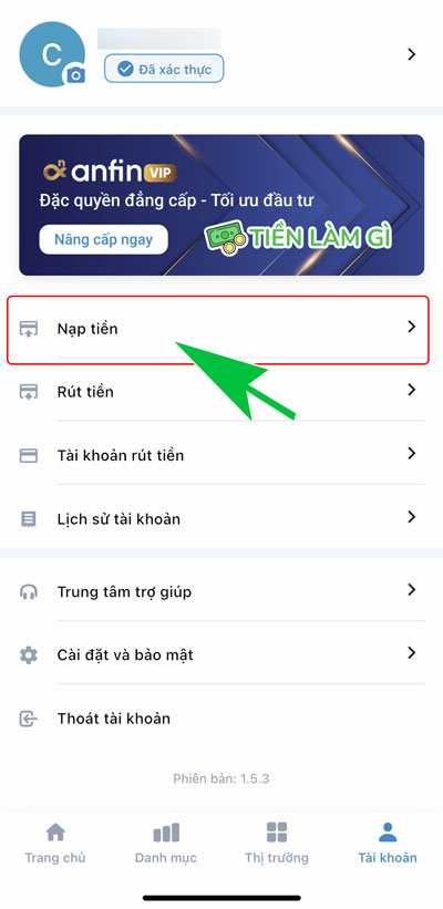 nhấn chọn tính năng nạp tiền trên ứng dụng anfin
