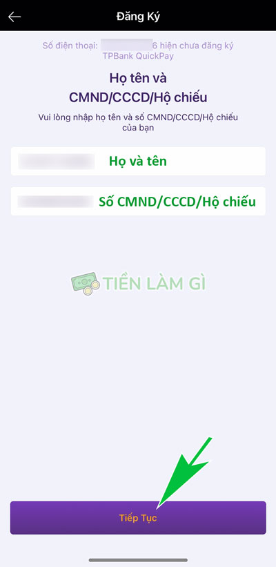 nhập thông tin cá nhân đăng ký tpbank quickpay