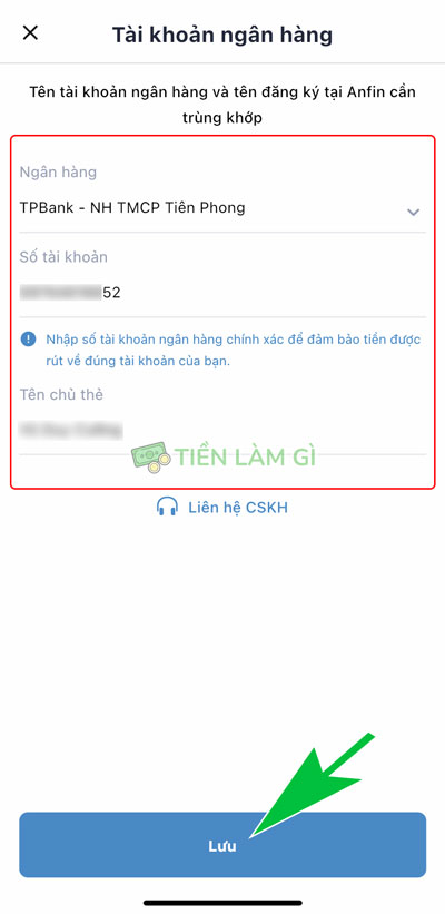 Nhập thông tin tài khoản ngân hàng liên kết với Anfin
