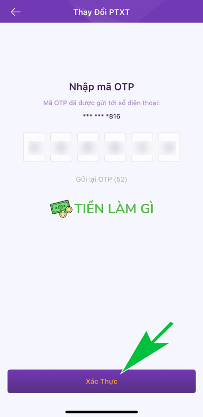 xác nhận mã otp gửi tới số điện thoại tài khoản tpbank