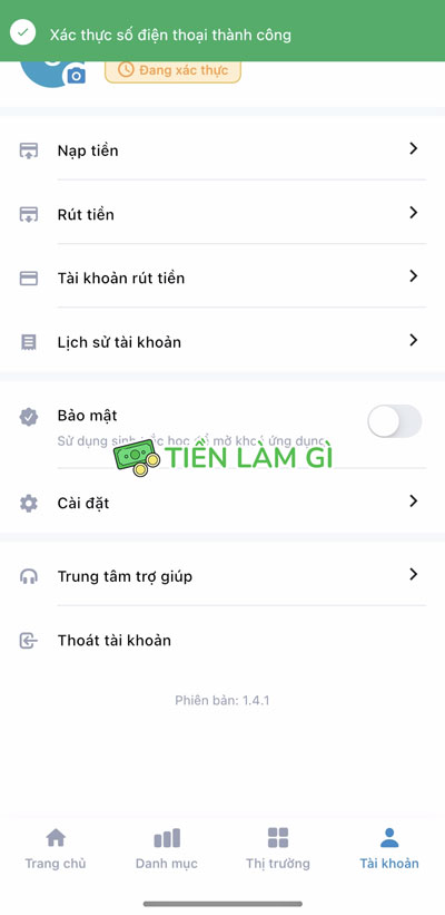 xác thực số điện thoại thành công tài khoản anfin