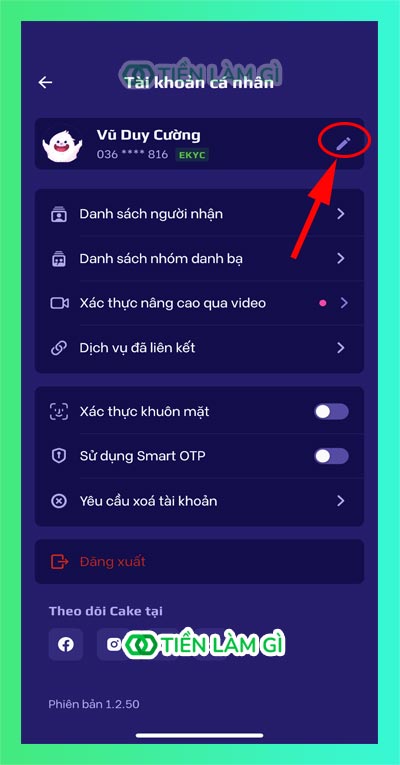 Chỉnh sửa thông tin cá nhân tài khoản Cake