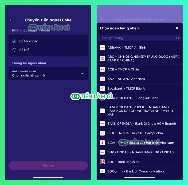 Chọn hình thức chuyển khoản và ngân hàng