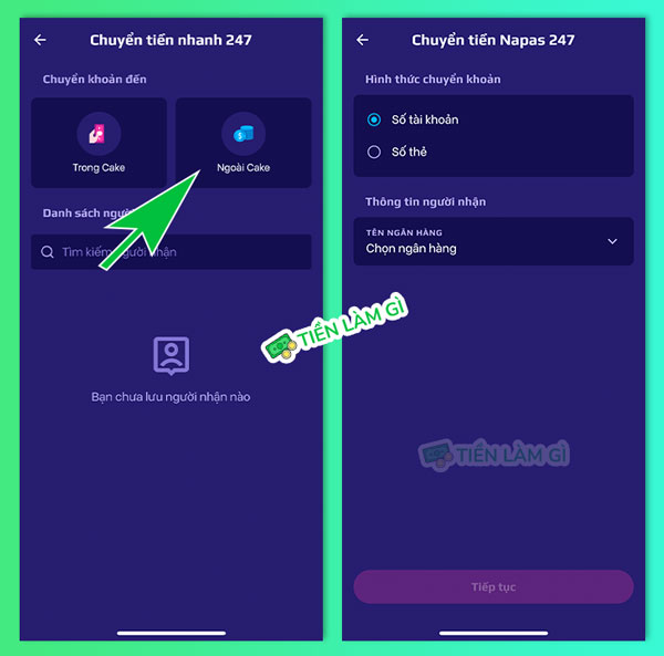 chuyển khoản ngân hàng ngoài cake