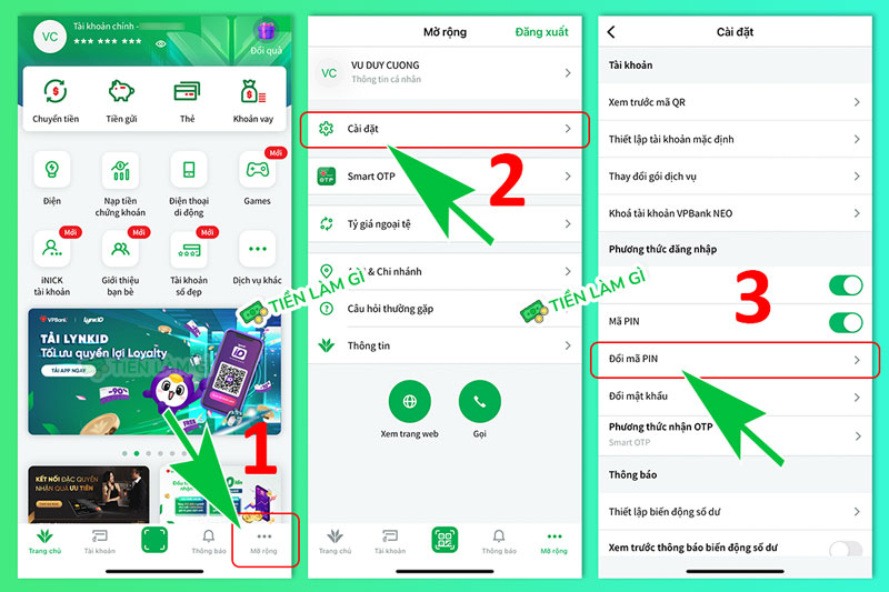 đổi mã pin tài khoản vpbank