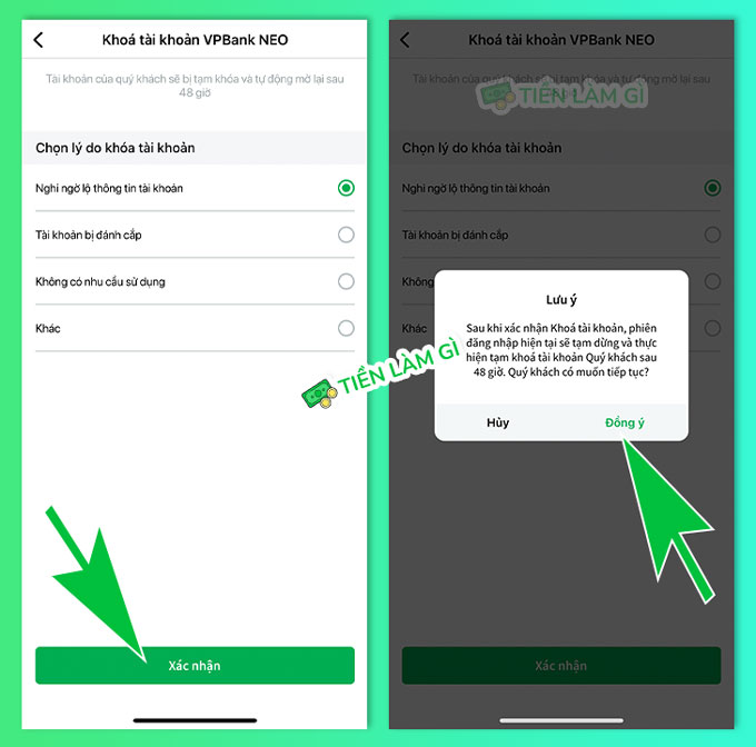 đồng ý xác nhận khóa tài khoản vpbank neo