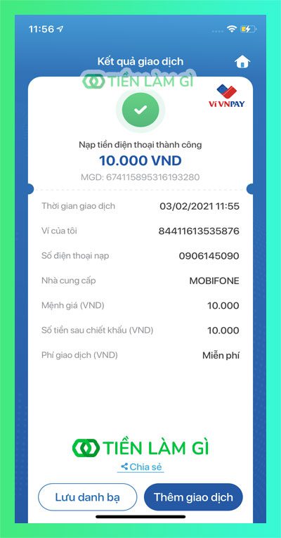 Nạp tiền điện thoại thành công với ví VNPAY