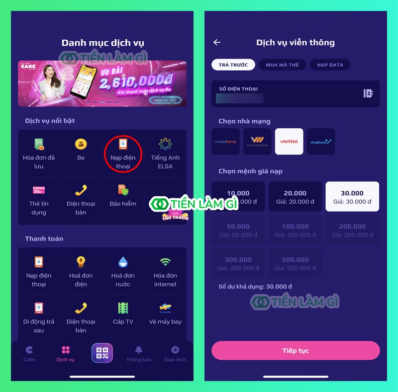Nạp tiền điện thoại với Cake ngân hàng số