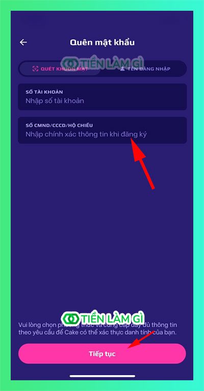 Nhập số tài khoản và số giấy tờ tùy thân
