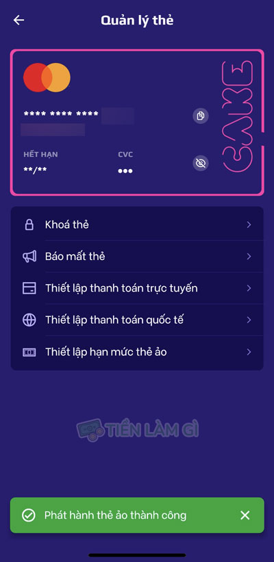 Phát hành thẻ ảo Cake thành công
