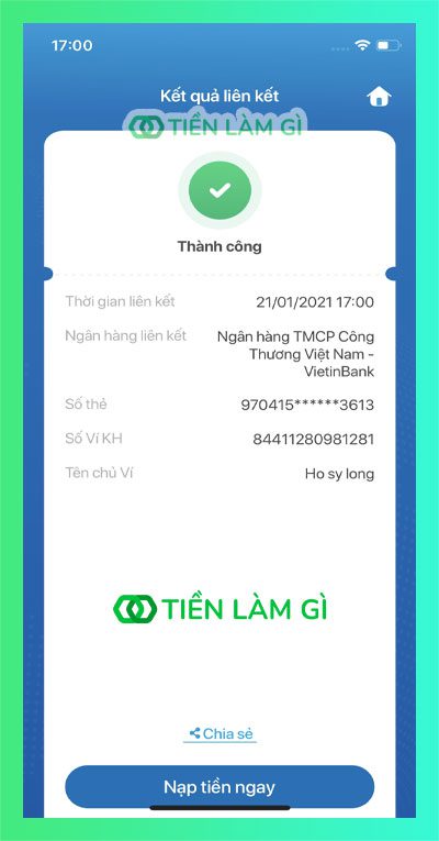 Thông báo liên kết tài khoản ngân hàng thành công