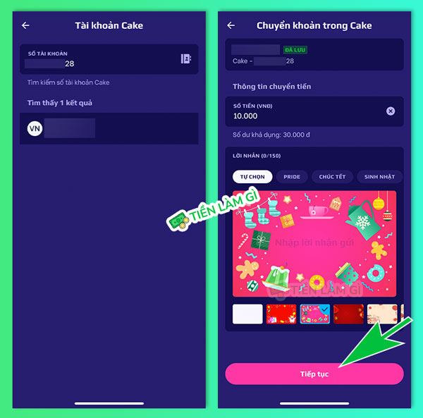 thông tin chuyển khoản trong tài khoản cake