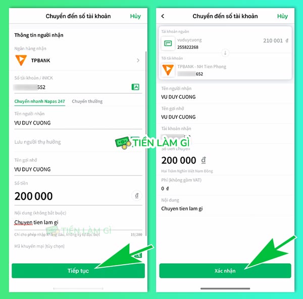 Thông tin chuyển tiền vào tài khoản TPBank trên app VPBank