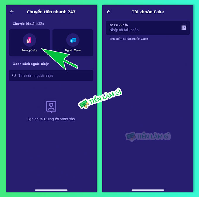 Tìm kiếm số tài khoản Cake để chuyển tiền