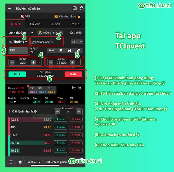 Cách đặt lệnh mua bán cổ phiếu trên app TCInvest