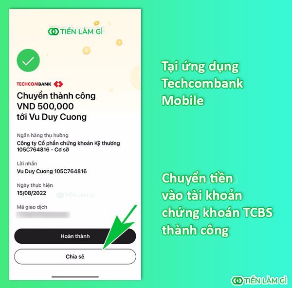 Chuyển tiền vào tài khoản chứng khoán TCBS thành công trên ứng dụng Techcombank Mobile