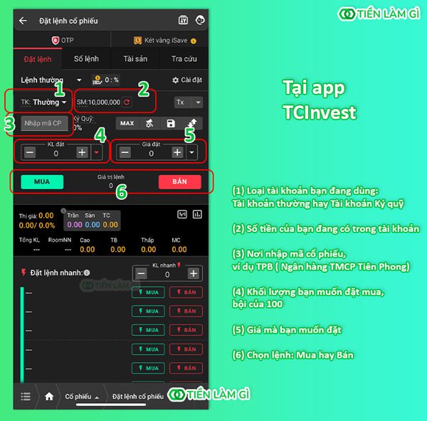 Đặt lệnh mua bán cổ phiếu trên app TCInvest