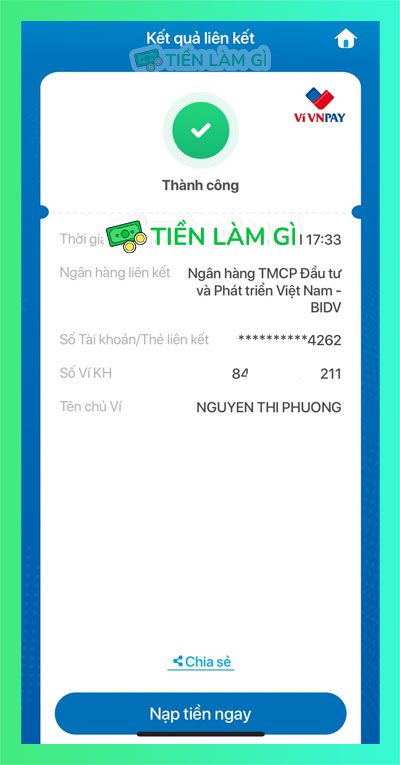 Liên kết ví VNPAY với BIDV thành công