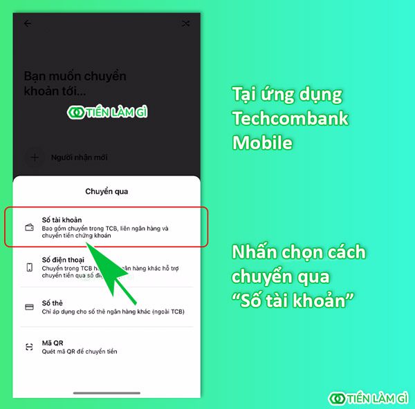 Nhấn chọn cách chuyển qua số tài khoản trên ứng dụng Techcombank Mobile