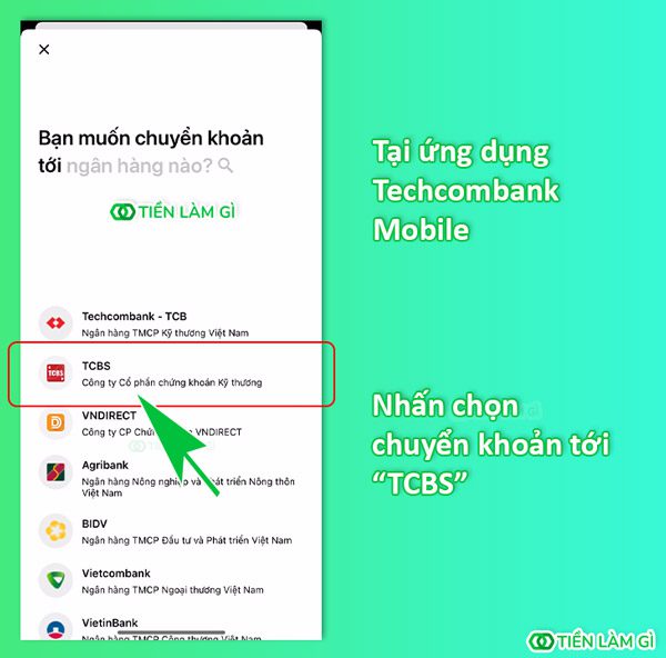 Nhấn chọn chuyển khoản tới TCBS trên ứng dụng Techcombank Mobile