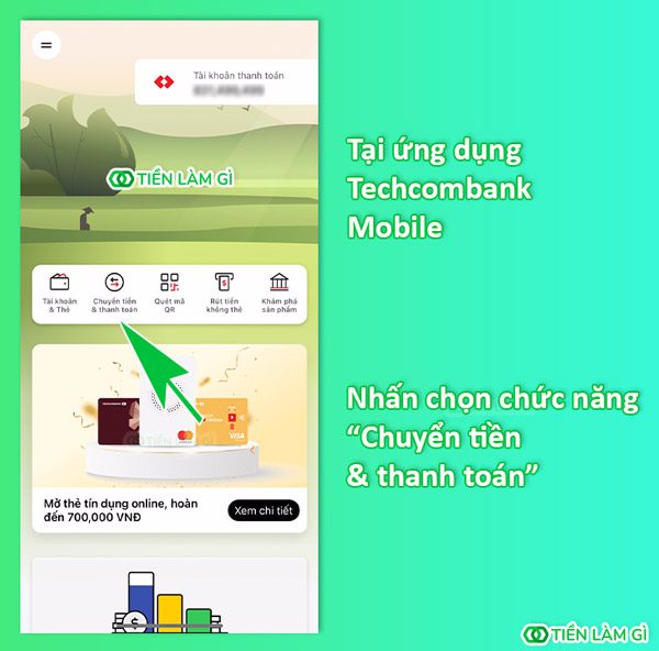 Nhấn chuyển tiền và thanh toán trên ứng dụng Techcombank Mobile