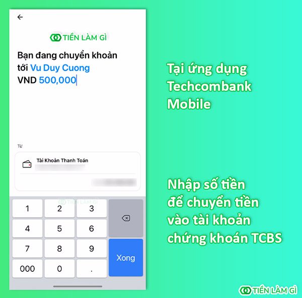 Nhập số tiền để chuyển tiền vào tài khoản chứng khoán TCBS trên ứng dụng Techcombank Mobile