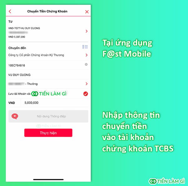 Nhập thông tin chuyển tiền vào tài khoản chứng khoán TCBS trên ứng dụng F@st Mobile