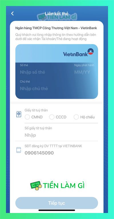 Nhập thông tin của thẻ Vietinbank