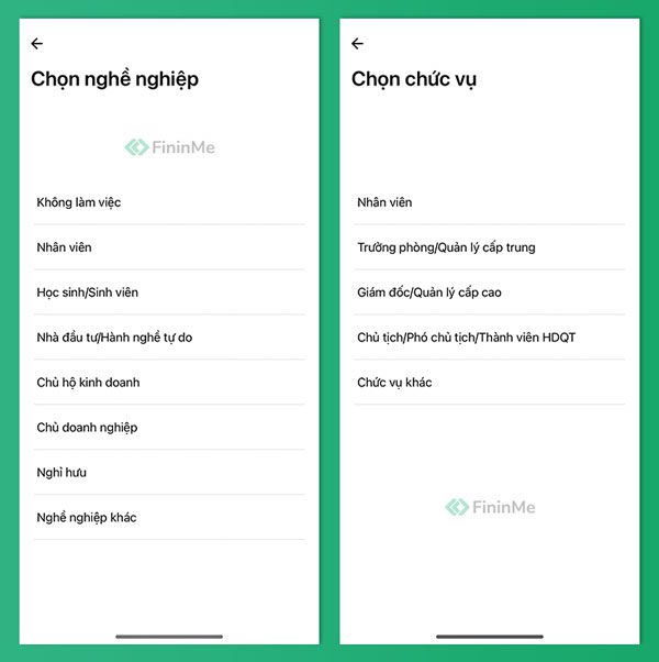 Chọn nghề nghiệp chức vụ cho tài khoản Techcombank