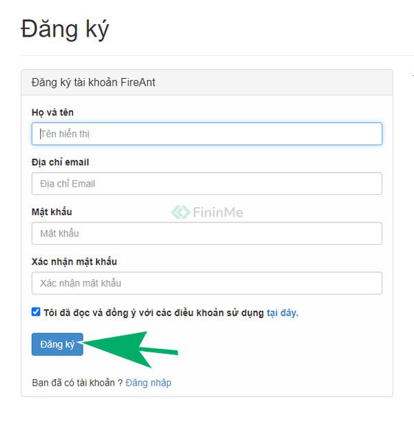 Nhập thông tin đăng ký tài khoản FireAnt