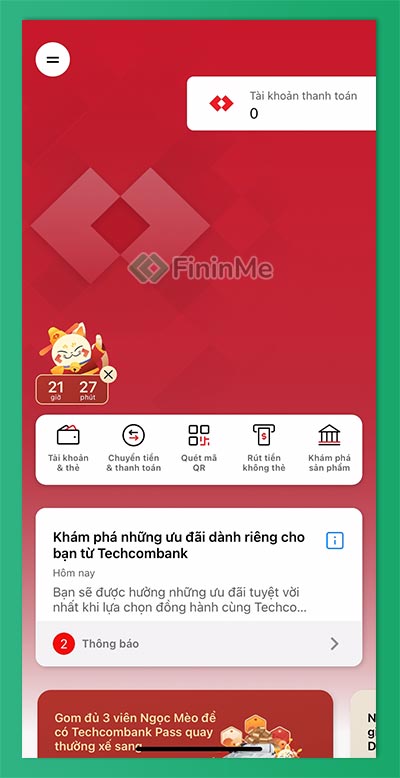 Tài khoản mới trên app Techcombank
